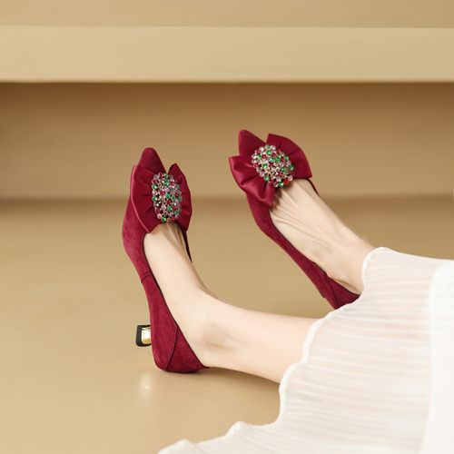 巨好看~手工真皮羊翻皮磨砂单鞋女水钻蝴蝶结中跟细跟百搭新40码