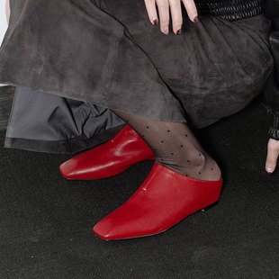 巨好看~手工订制真皮包头拖鞋女内增高坡跟中跟百搭方头红色洋气