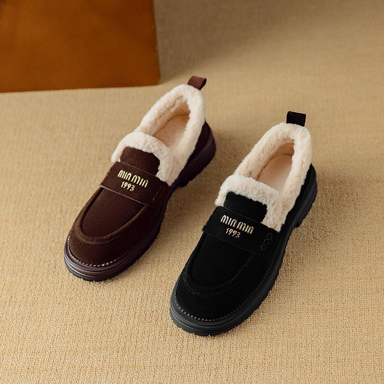 英伦风加绒乐福鞋女冬季保暖厚底磨砂真皮深口单鞋字母中跟粗跟女