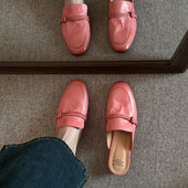 巨好看 女低跟平底夏天外穿百搭女 洋气粉色真皮头层牛皮包头拖鞋