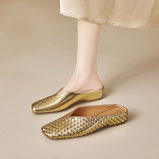 真皮编织包头拖鞋女外穿坡跟一脚蹬防滑百搭穆勒鞋内增高低跟夏天