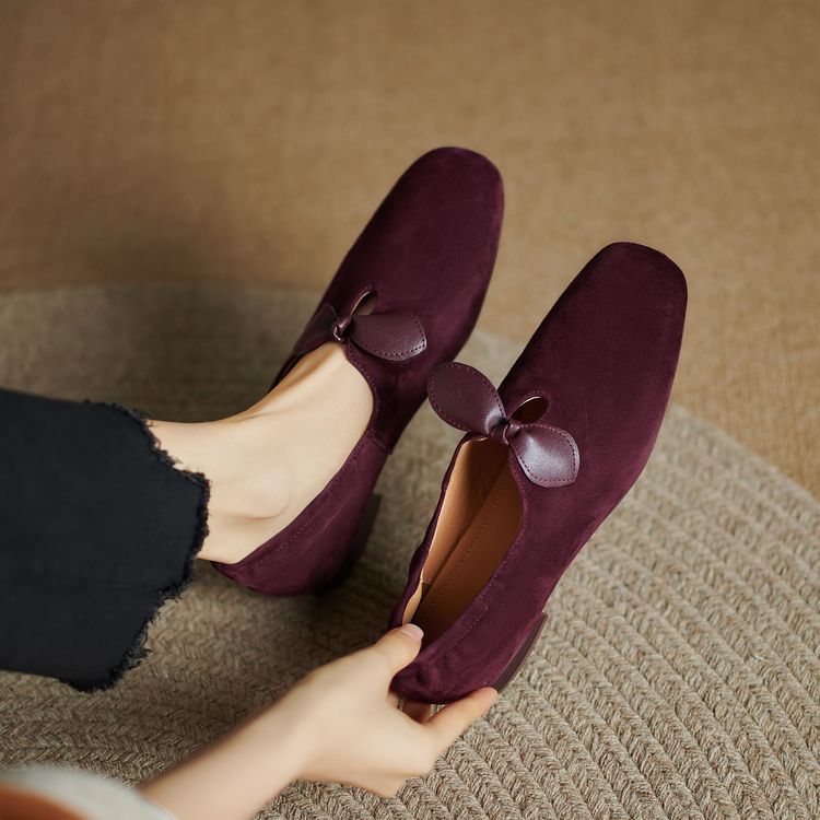 巨好看~手工订制真皮羊翻皮单鞋女圆头低跟平底蝴蝶结磨砂皮气质