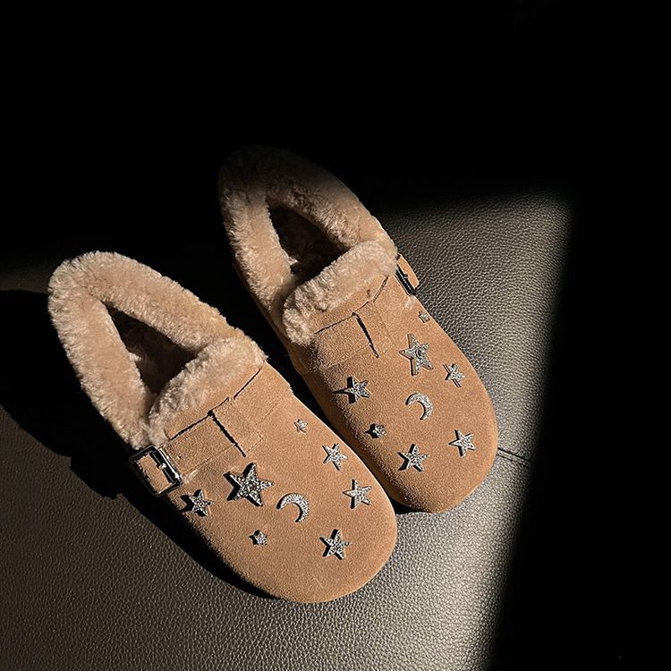 巨好穿~15年老店手工订制真皮牛翻皮单鞋女深口加绒金属装饰羊毛