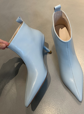 洋气真皮短靴女单靴尖头细高跟鞋浅蓝色马丁靴个性时尚百搭纯皮女