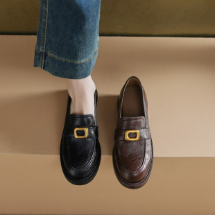 英伦风真皮乐福鞋女金属方扣深口单鞋软底小皮鞋厚底圆头低跟百搭