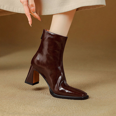 法式真皮方头粗跟短靴女高跟后拉链瘦瘦靴棕色时装靴洋气秋冬新品