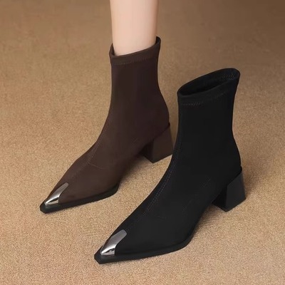 巨好看~法式气质金属包头短靴女单靴尖头粗跟中跟气质弹力靴3340