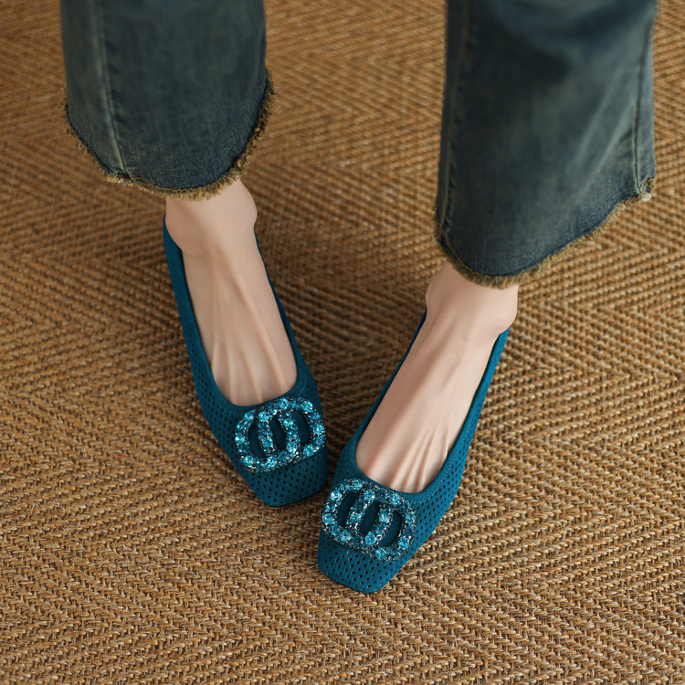 奢华~手工羊皮真皮单鞋女方头水钻中跟粗跟紫色蓝色百搭4041码