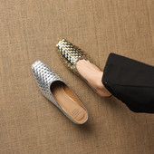 夏天方头中跟细跟银色金色 拖鞋 编织真皮包头拖鞋 女外穿方头穆勒鞋