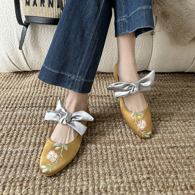 2024春夏新品刺绣花朵单鞋女圆头蝴蝶结绑带低跟平底女鞋百搭舒适