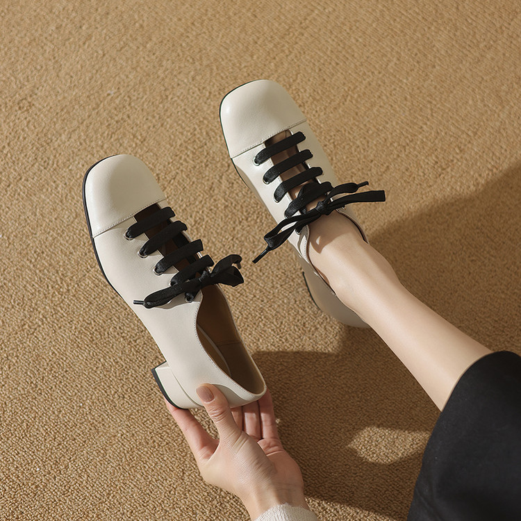 巨好看~订制手工真皮牛皮漆皮单鞋女深口低跟粗跟镂空系带百搭女