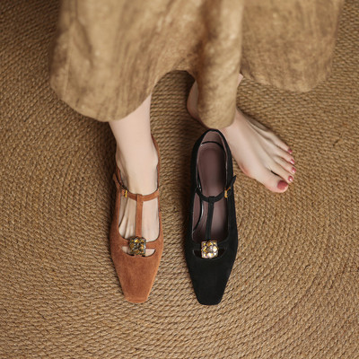 巨好看~气质手工真皮羊翻皮单鞋女方头T带丁字鞋花朵中跟细跟百搭