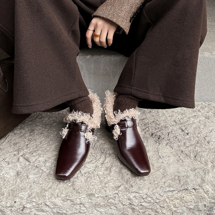 真皮复古方头乐福深口单鞋女粗跟内增高加绒毛毛鞋小皮鞋皮带扣