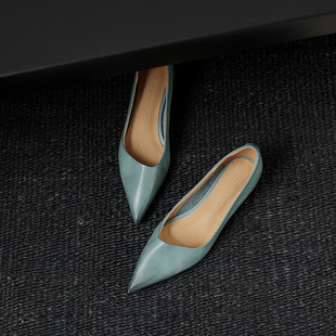 复古真皮牛皮尖头浅口单鞋 女细跟小跟一脚蹬通勤舒适气质紫色新品