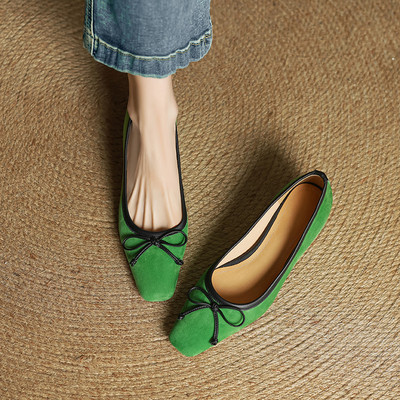 气质~真皮羊翻皮绿色单鞋女方头中跟粗跟蝴蝶结时尚百搭浅口低帮