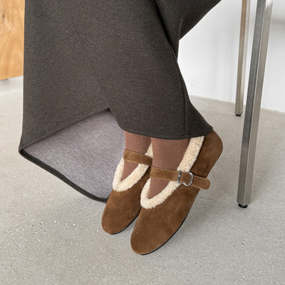 甜美风加绒玛丽珍鞋女平底一字扣浅口保暖毛毛鞋冬季单鞋新品圆头