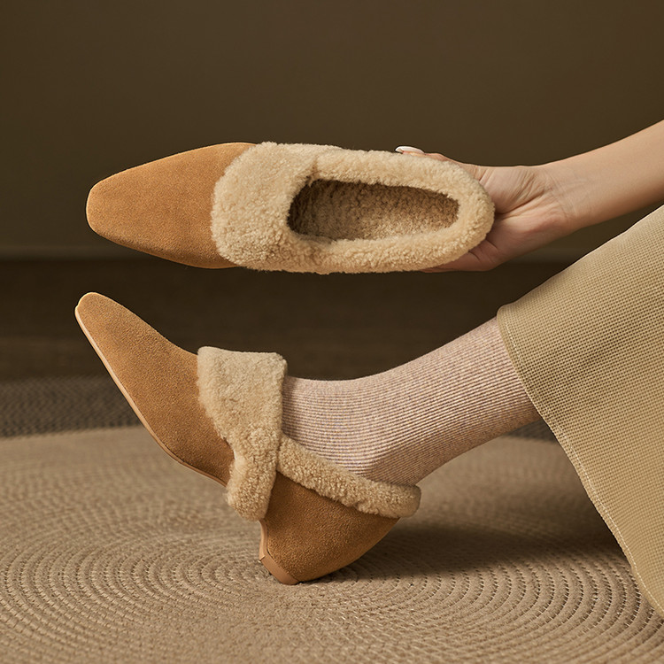 复古风磨砂皮方头深口单鞋女2025冬季加绒内增高舒适懒人鞋时尚