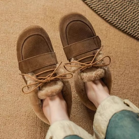 冬季加绒加厚反绒皮毛一体豆豆鞋女保暖系带懒人棉鞋深口低跟平底