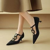 女尖头气质磨砂皮金属花朵中跟细跟丁字鞋 2024新品 真皮羊翻皮单鞋