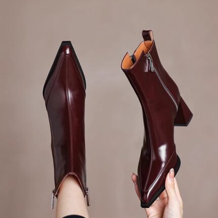 厂家直销~手工订制真皮尖头短靴女单靴粗高跟7厘米拉链时尚百搭