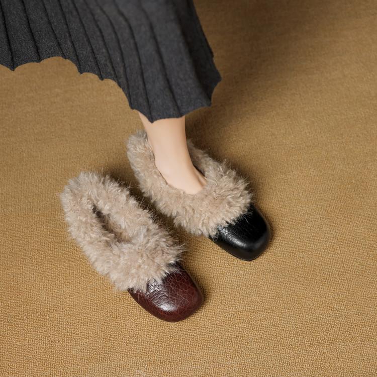 炸街~时尚加绒毛毛鞋女真皮深口单鞋秋冬保暖穆勒鞋方头小皮鞋女