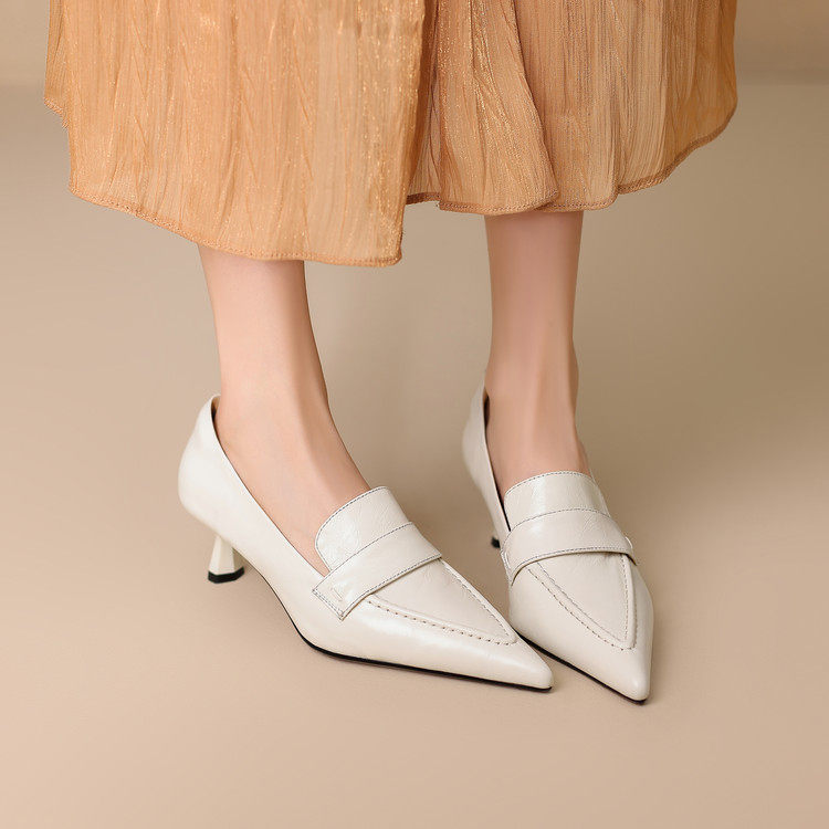 通勤风真皮尖头细跟深口单鞋女中跟一脚蹬百搭气质高级感米白色,女鞋,深口单鞋,淘宝优惠券,粉丝福利购,淘宝优惠卷