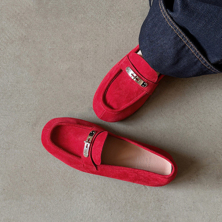 复古风反绒皮乐福鞋女金属扣一脚蹬平底单鞋软底舒适春季新品女,女鞋,深口单鞋,淘宝优惠券,粉丝福利购,淘宝优惠卷