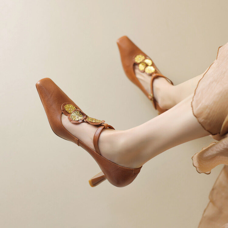 方头单鞋高跟鞋欧美花朵金属扣