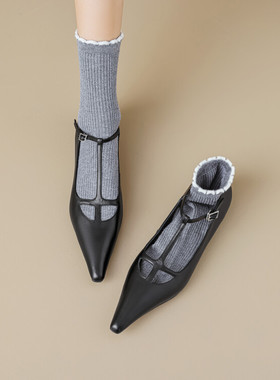 2024新品真皮牛皮单鞋女低跟平底T带细带气质低帮鞋百搭时尚显瘦