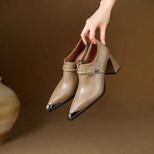 饰高跟鞋 女金属装 舒适不累脚小个子 复古真皮尖头粗跟深口单鞋 法式