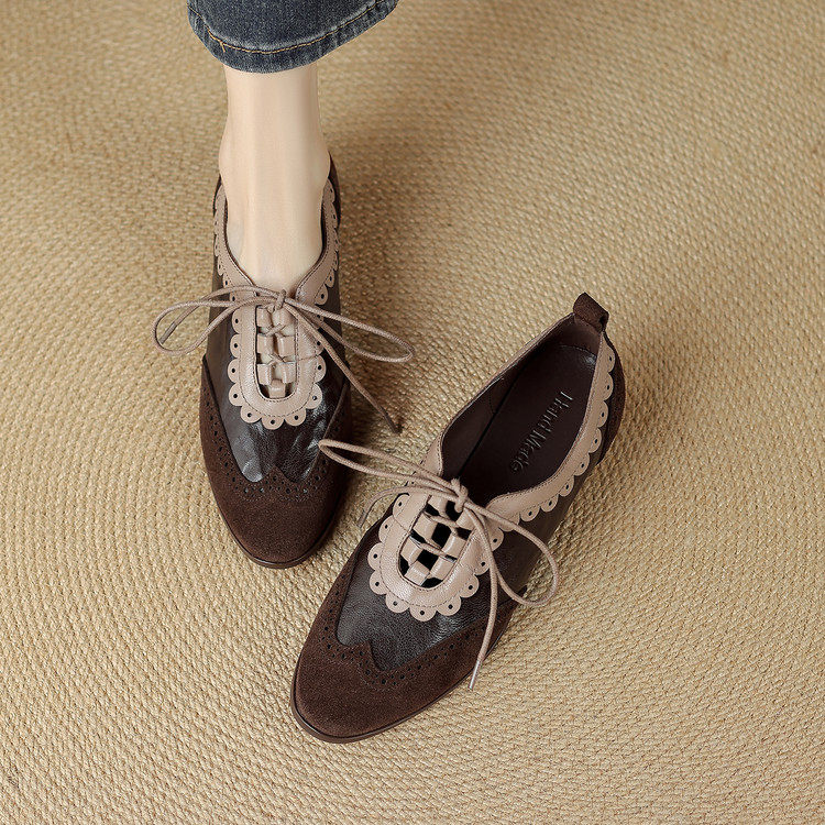 英伦风羊皮深口单鞋女系带圆头低跟粗跟小皮鞋百搭通勤休闲鞋拼色,女鞋,深口单鞋,淘宝优惠券,粉丝福利购,淘宝优惠卷