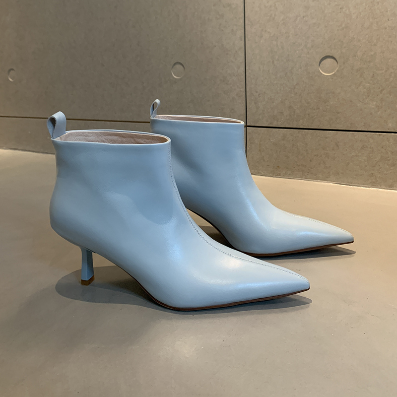 巨时尚~15年老店手工订制真皮牛皮短靴女单靴尖头细高跟气质兰色