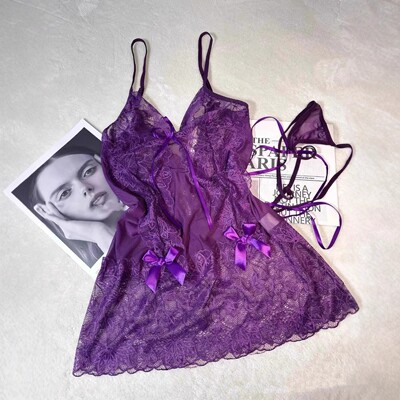 风情万种~蕾丝紫色内裤女生翘臀透气床上大尺度睡裙提臀夏季裤头