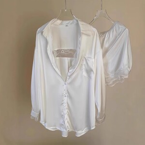 防晒衣~温柔陷阱～纯欲氛围感睡衣女拼接蕾丝长袖白色防晒服衬衫