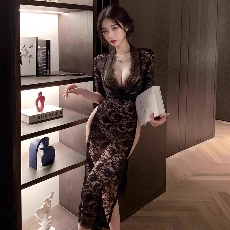 旧魂佳人！显身材连衣裙显瘦收腰旗袍裙夏天度假姐姐黑色睡衣裙子