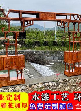 复古风全实木月洞门博古架新中式隔断客厅电视背景墙玄关柜月亮拱