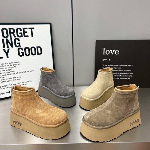 欧货2025新款真皮磨砂皮厚底松糕及踝靴圆头后拉链短靴马丁靴女鞋