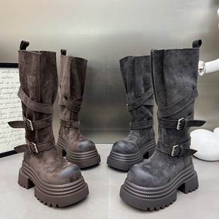 厚底松糕马丁靴女鞋2025新款绒面套筒不过膝长靴小个子增高骑士靴