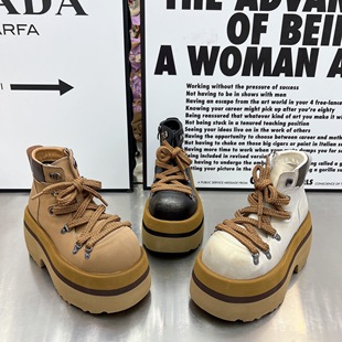 9cm超高跟机车靴女2025新款 大头短靴拼色马丁靴 厚底松糕系带时尚