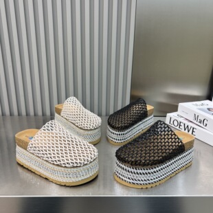 拖 7cm厚底松糕一脚蹬休闲凉鞋 镂空编织网面包头半拖鞋 女2026新款