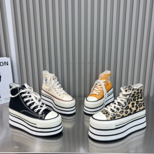 2026春新款黄色高帮系带帆布鞋女厚底松糕鞋休闲百搭小个子增高鞋