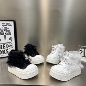 短靴女 7cm厚底松糕凉靴小白鞋 蕾丝网纱透气系带高帮鞋 女2026新款