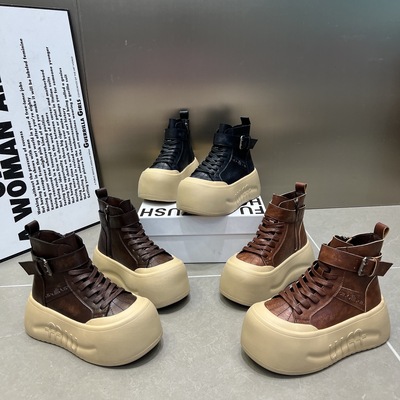 大头休闲短靴女2025新款真皮厚底松糕系带马丁靴皮带扣增高机车靴