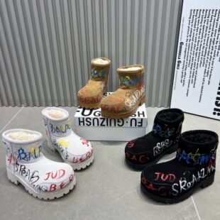 真皮涂鸦雪地靴女鞋2026新款磨砂皮羊毛大头短靴厚底保暖棉鞋