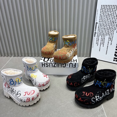 真皮涂鸦雪地靴女鞋2025新款磨砂皮羊毛大头短靴厚底保暖棉鞋