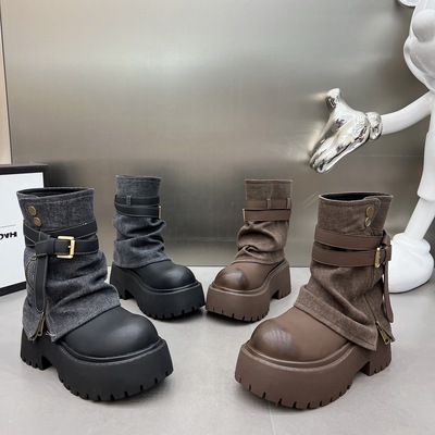 厚底增高裤管靴女2025新款真皮牛仔布圆头时装靴皮带扣短靴马丁靴
