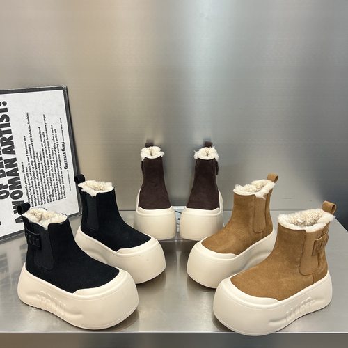 2025新款磨砂皮厚底松糕小个子加绒棉鞋马丁靴羊毛口烟筒短靴女鞋