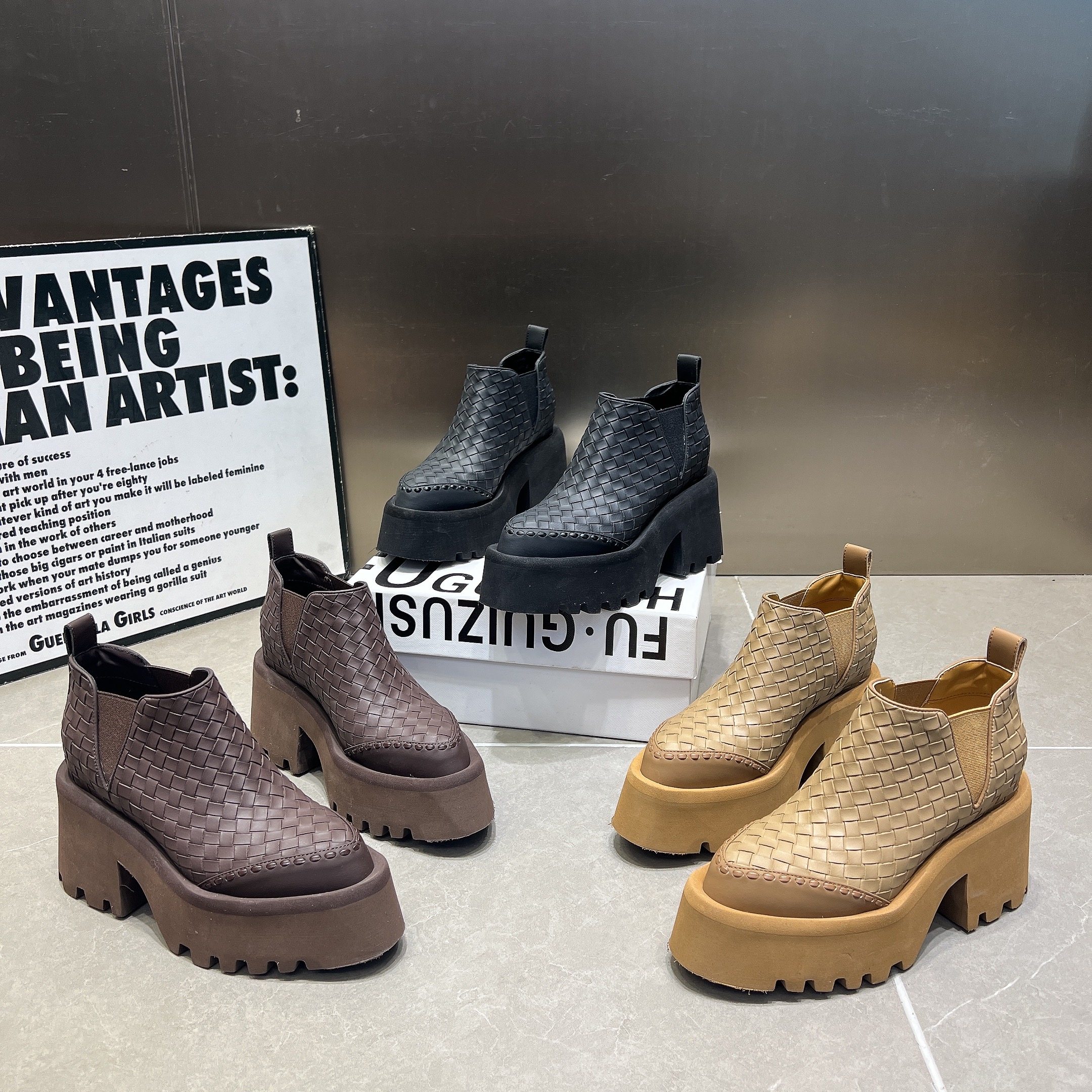 欧货真皮编织尖头短靴女2026新款厚底粗跟小个子及踝靴高帮小皮鞋