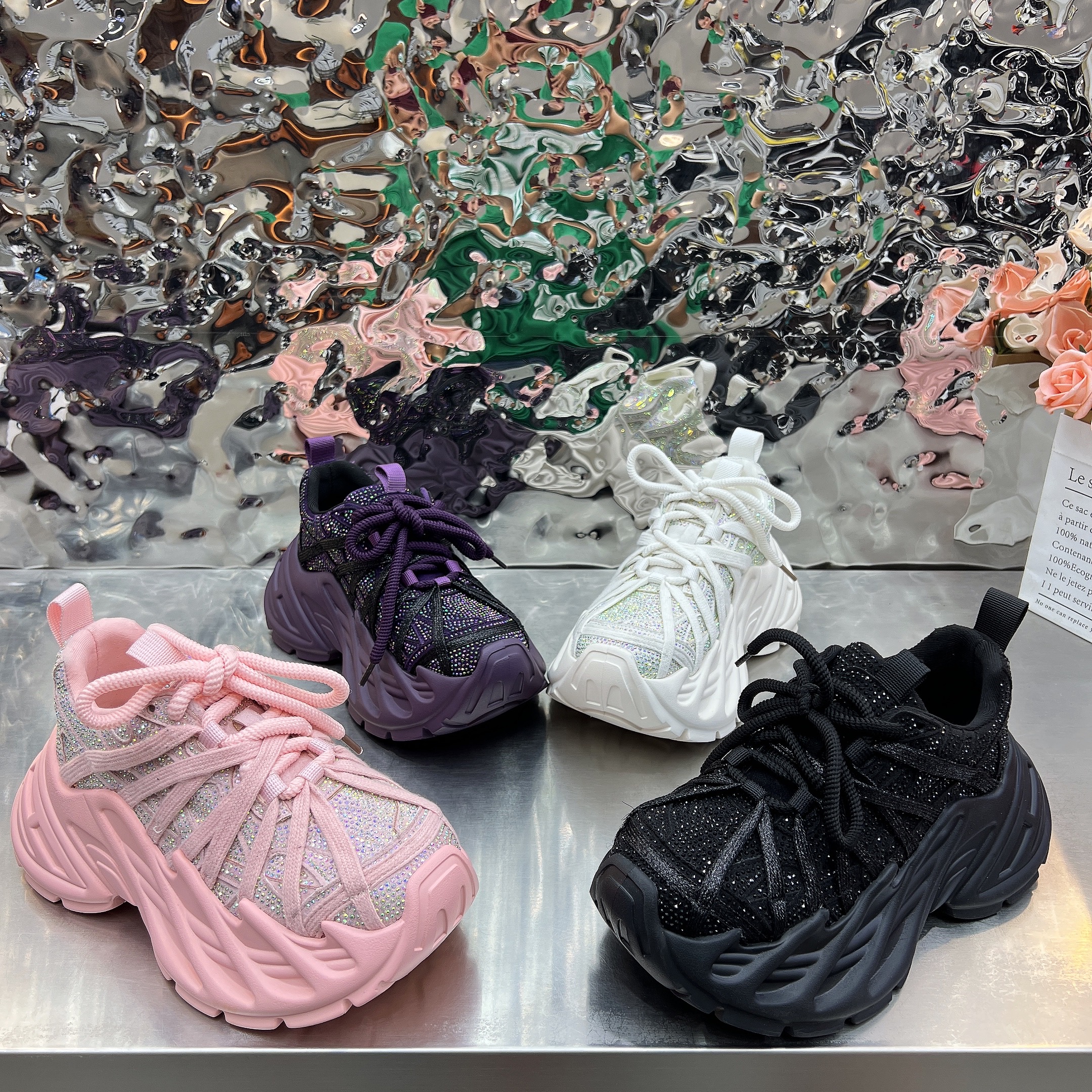 欧货炸街款绑带水钻老爹鞋女鞋2025新款厚底松糕小个子运动休闲鞋