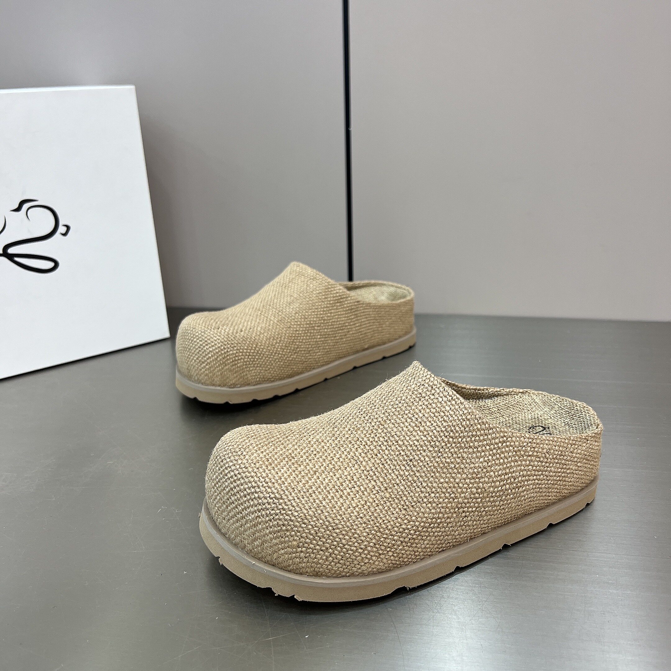 韩版2026新款亚麻原色5cm厚底内增高勃肯鞋女懒人休闲包头半拖鞋